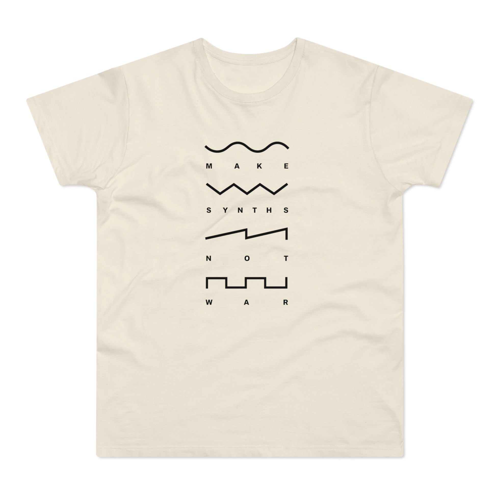 Cream t-shirt with black text and waveforms spelling "Make Synths Not War".