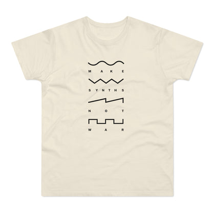 Cream t-shirt with black text and waveforms spelling "Make Synths Not War".