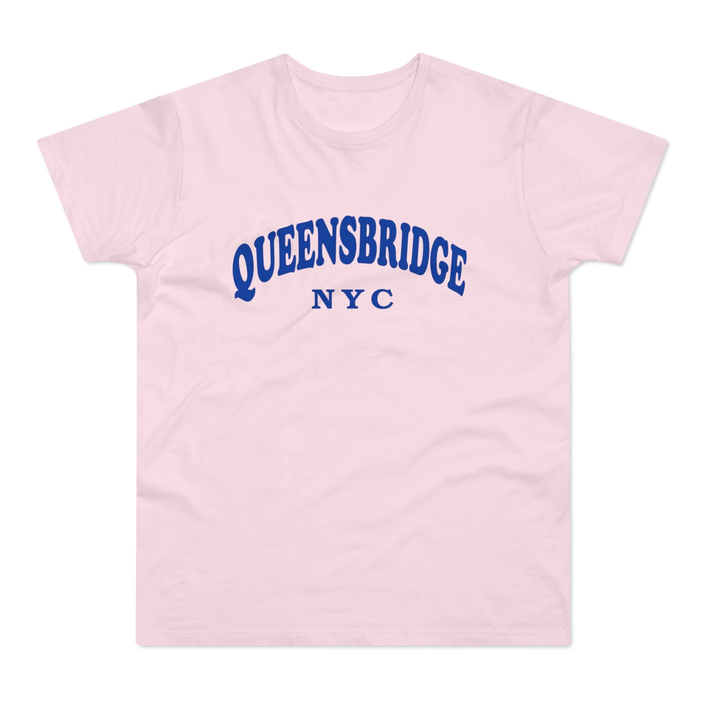 Light pink t-shirt with blue "QUEENSBRIDGE NYC" text