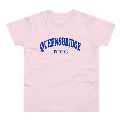 Light pink t-shirt with blue "QUEENSBRIDGE NYC" text
