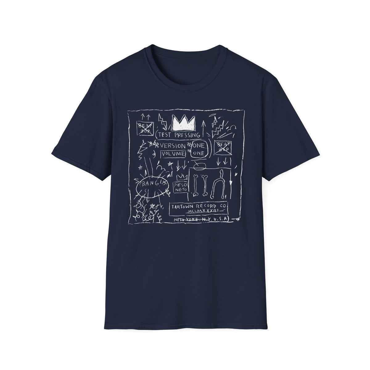 Navy t-shirt with white line drawing of a crown and text.