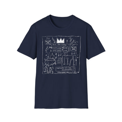 Navy t-shirt with white line drawing of a crown and text.