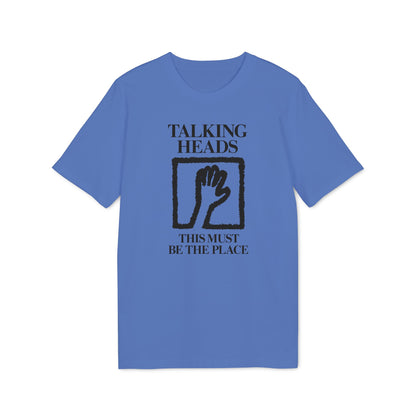 Blue t-shirt with "Talking Heads" and "This Must Be The Place" text.