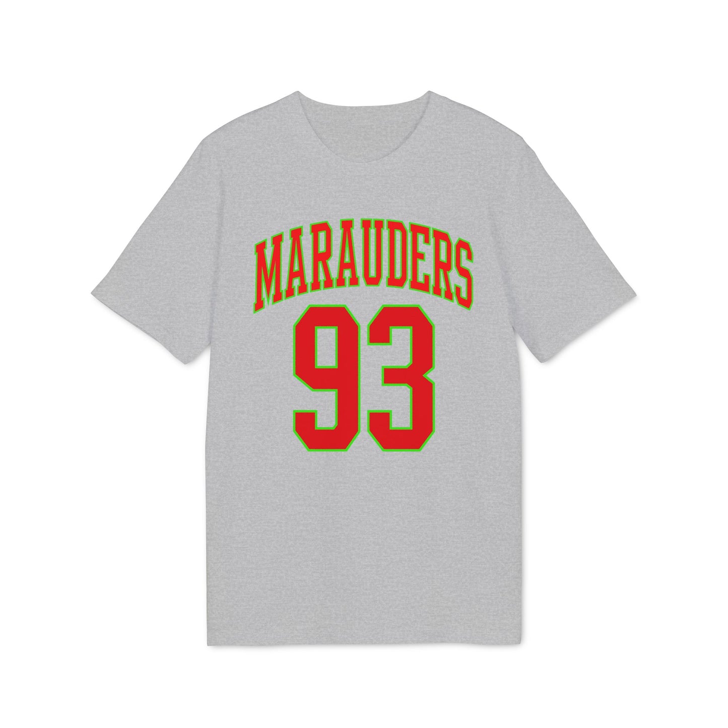 Grey t-shirt with red "Marauders" arched above large red "93" with green trim.