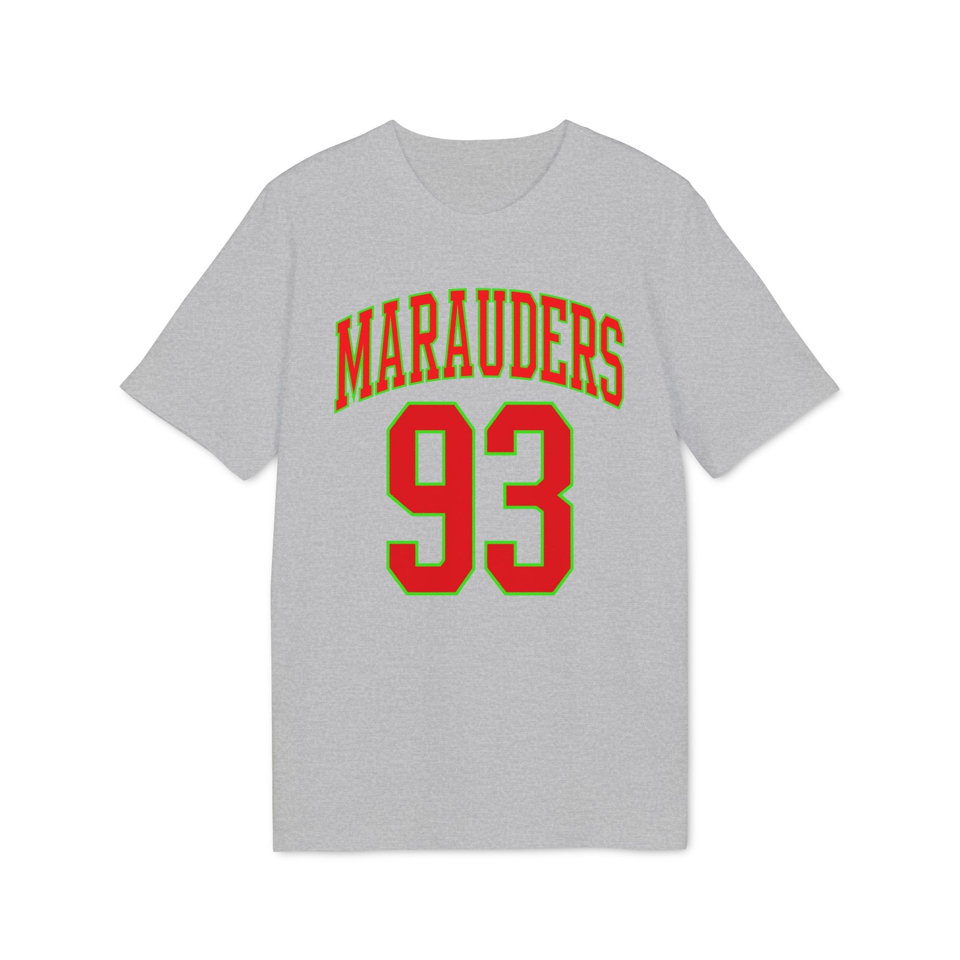 Grey t-shirt with red "Marauders" arched above large red "93" with green trim.