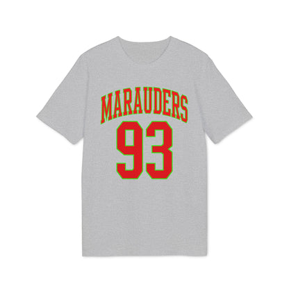 Grey t-shirt with red "Marauders" arched above large red "93" with green trim.