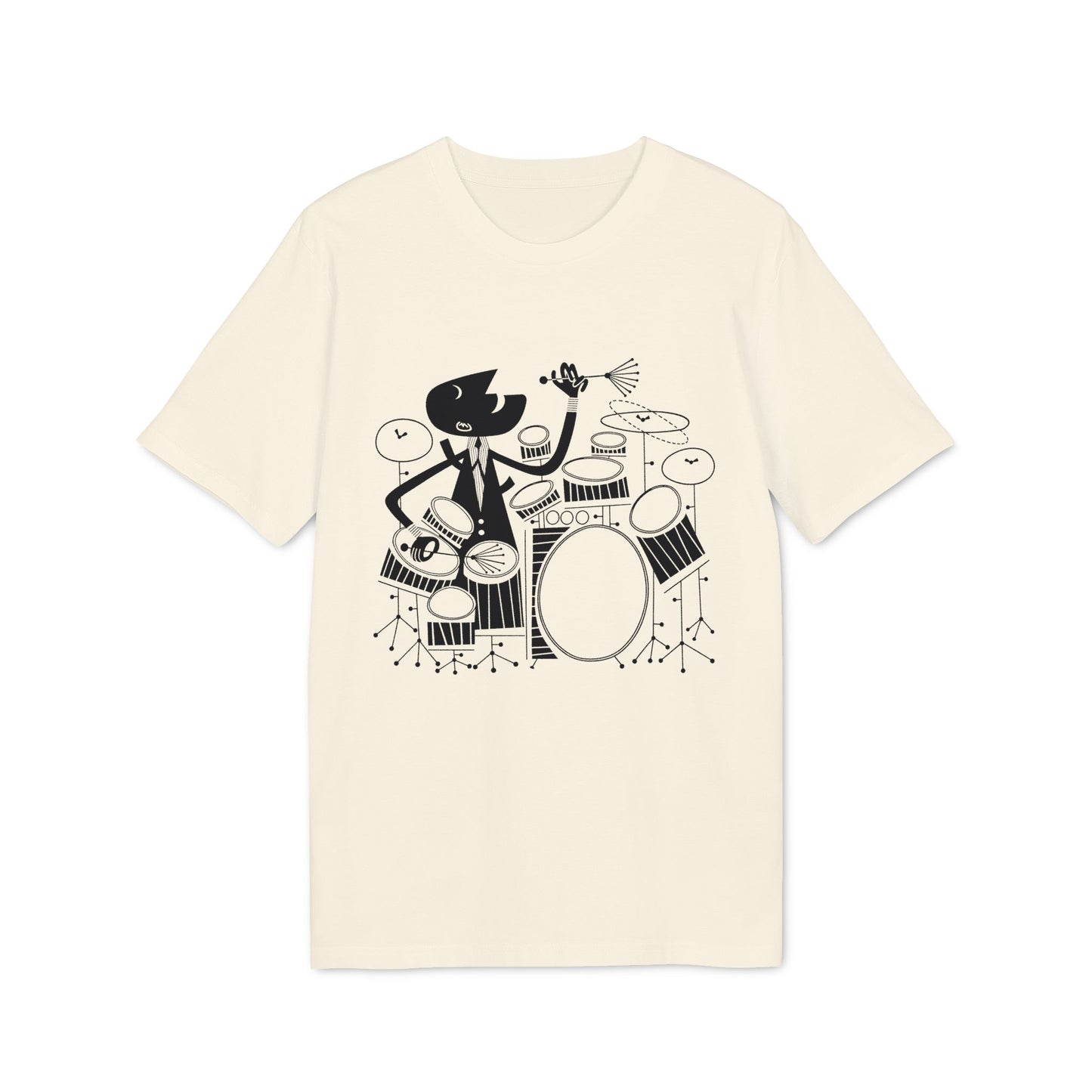 Black graphic of a cartoon figure playing a drum kit on a cream t-shirt.