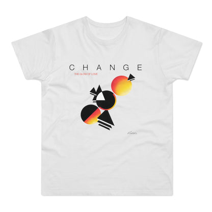 White t-shirt with abstract graphic and text "CHANGE THE GLOW OF LOVE".