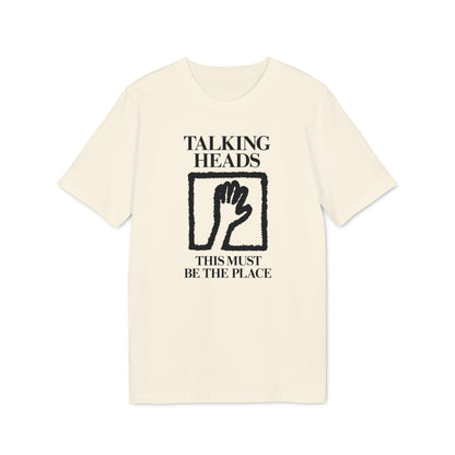 Cream t-shirt with black Talking Heads logo and "This Must Be the Place" text.