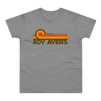 Grey t-shirt with retro design and text "ROY AYERS EVERYBODY LOVES THE SUNSHINE."