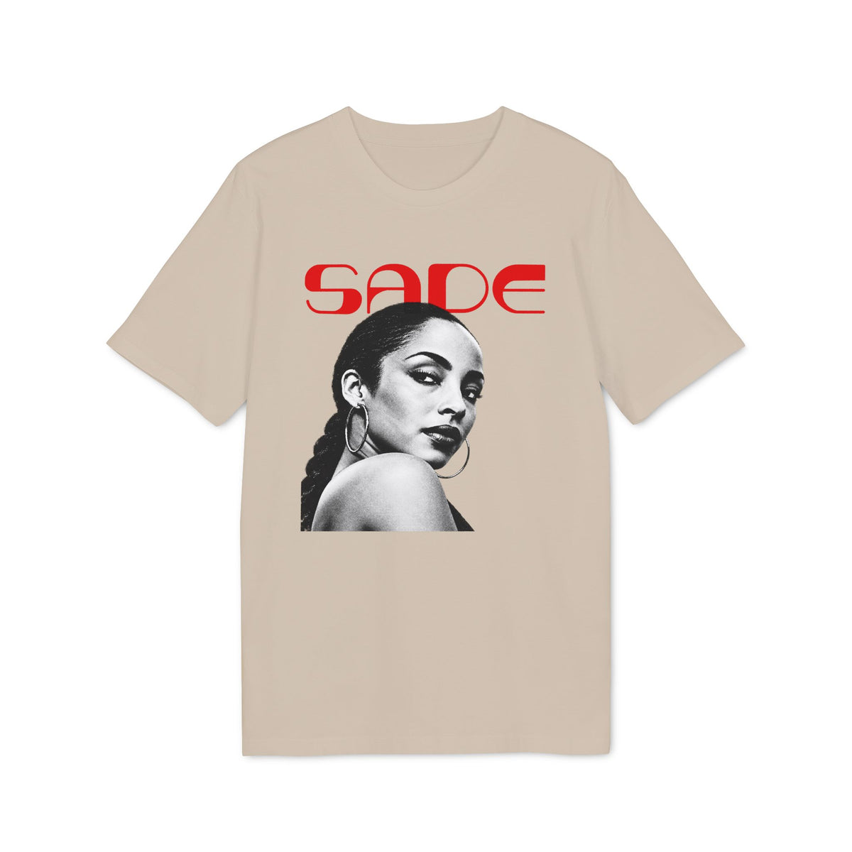 Beige t-shirt featuring a black-and-white portrait of Sade with red text above it.
