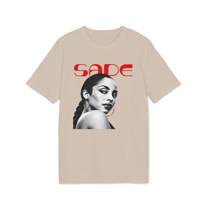 Beige t-shirt featuring a black-and-white portrait of Sade with red text above it.