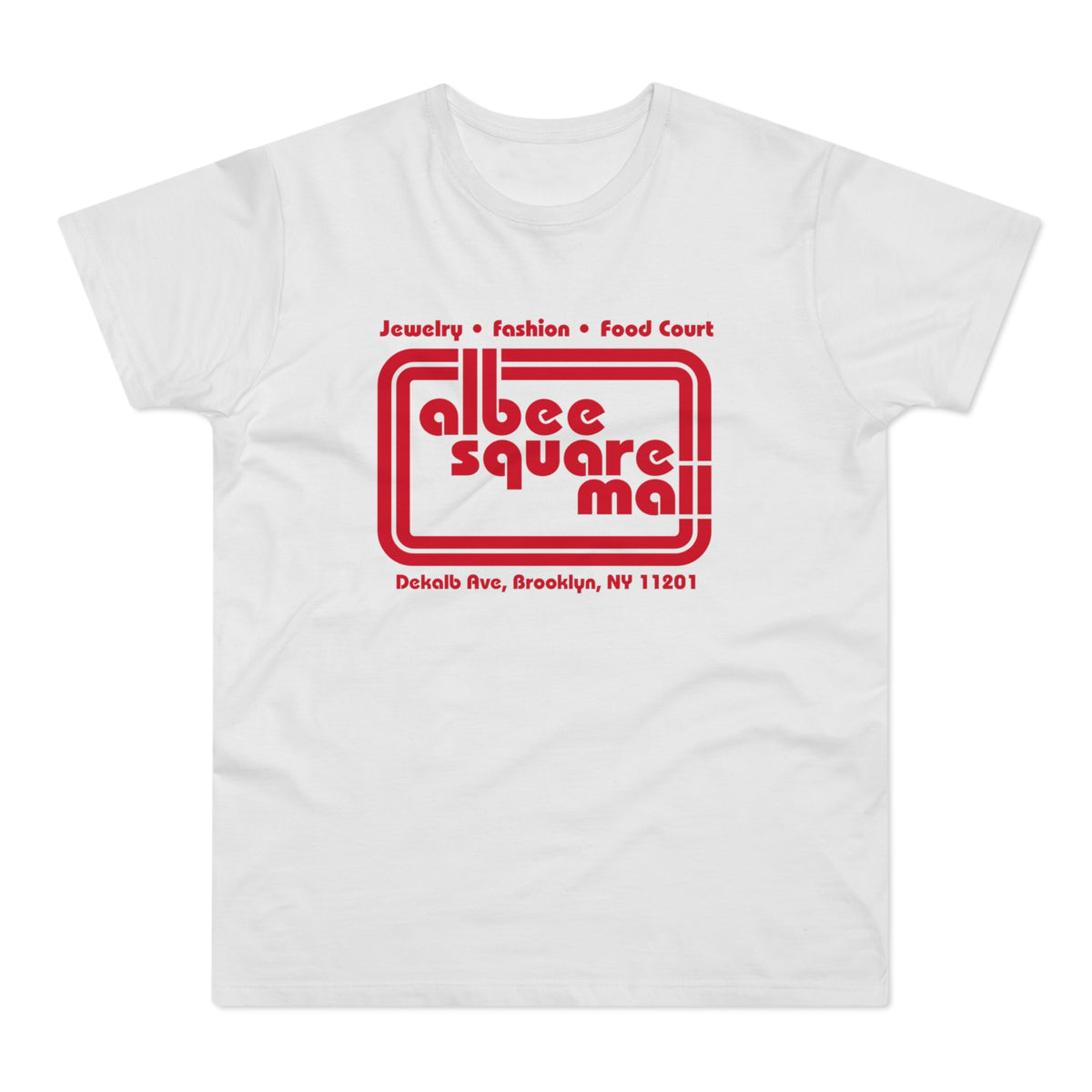 White t-shirt with red text: Albee Square Mall, Jewelry, Fashion, Food Court, Brooklyn, NY