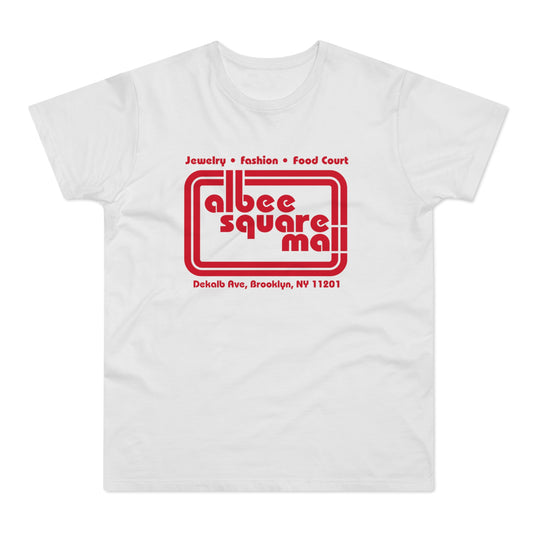 White t-shirt with red text: Albee Square Mall, Jewelry, Fashion, Food Court, Brooklyn, NY