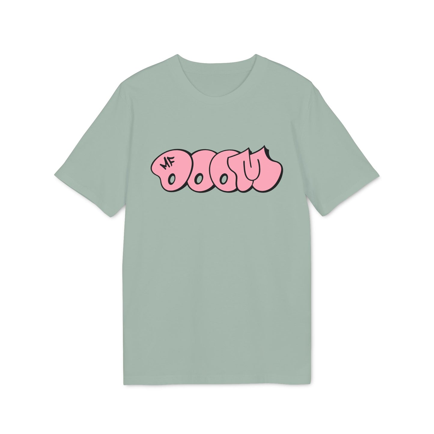 Light green t-shirt with pink "MF DOOM" graffiti style text graphic.