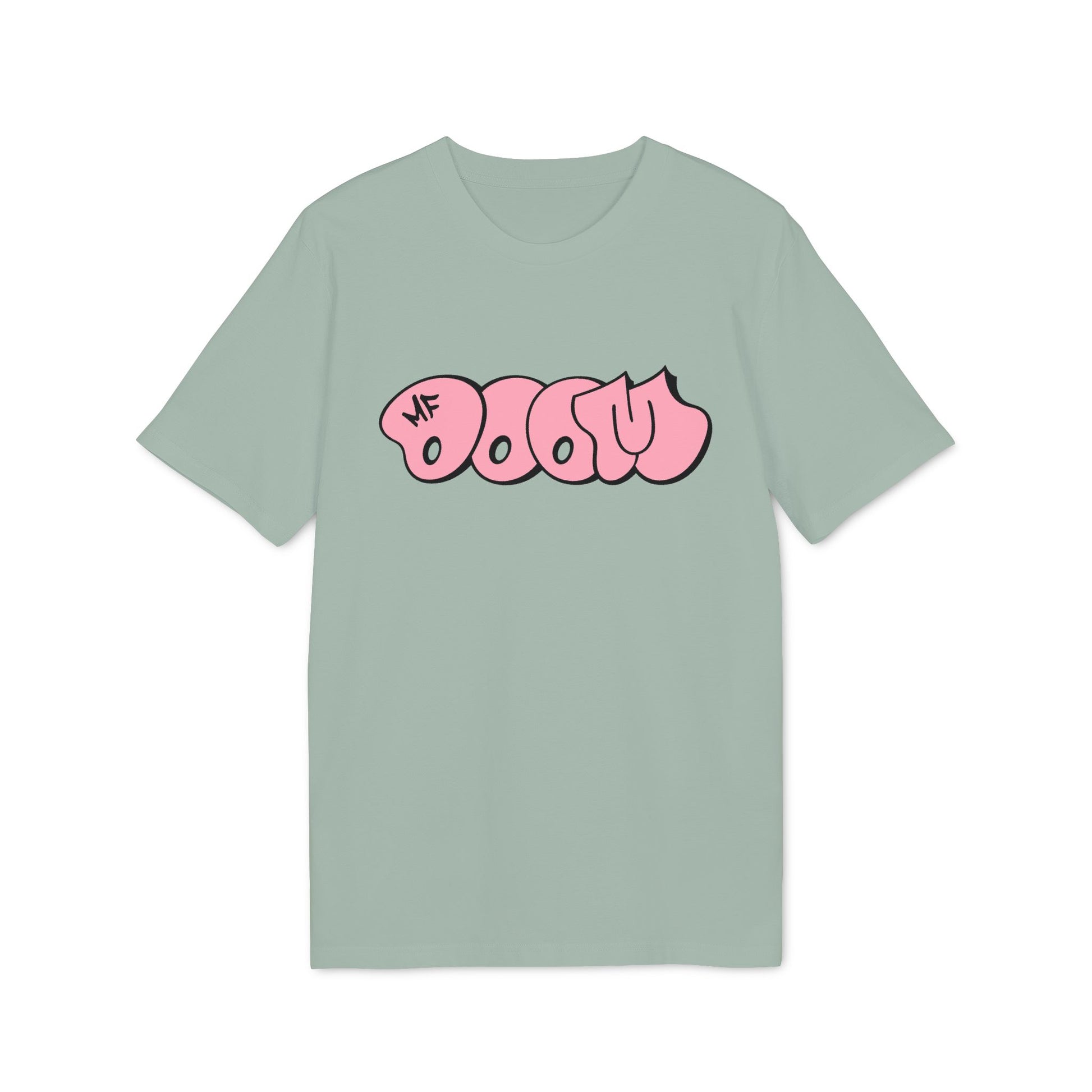 Light green t-shirt with pink "MF DOOM" graffiti style text graphic.
