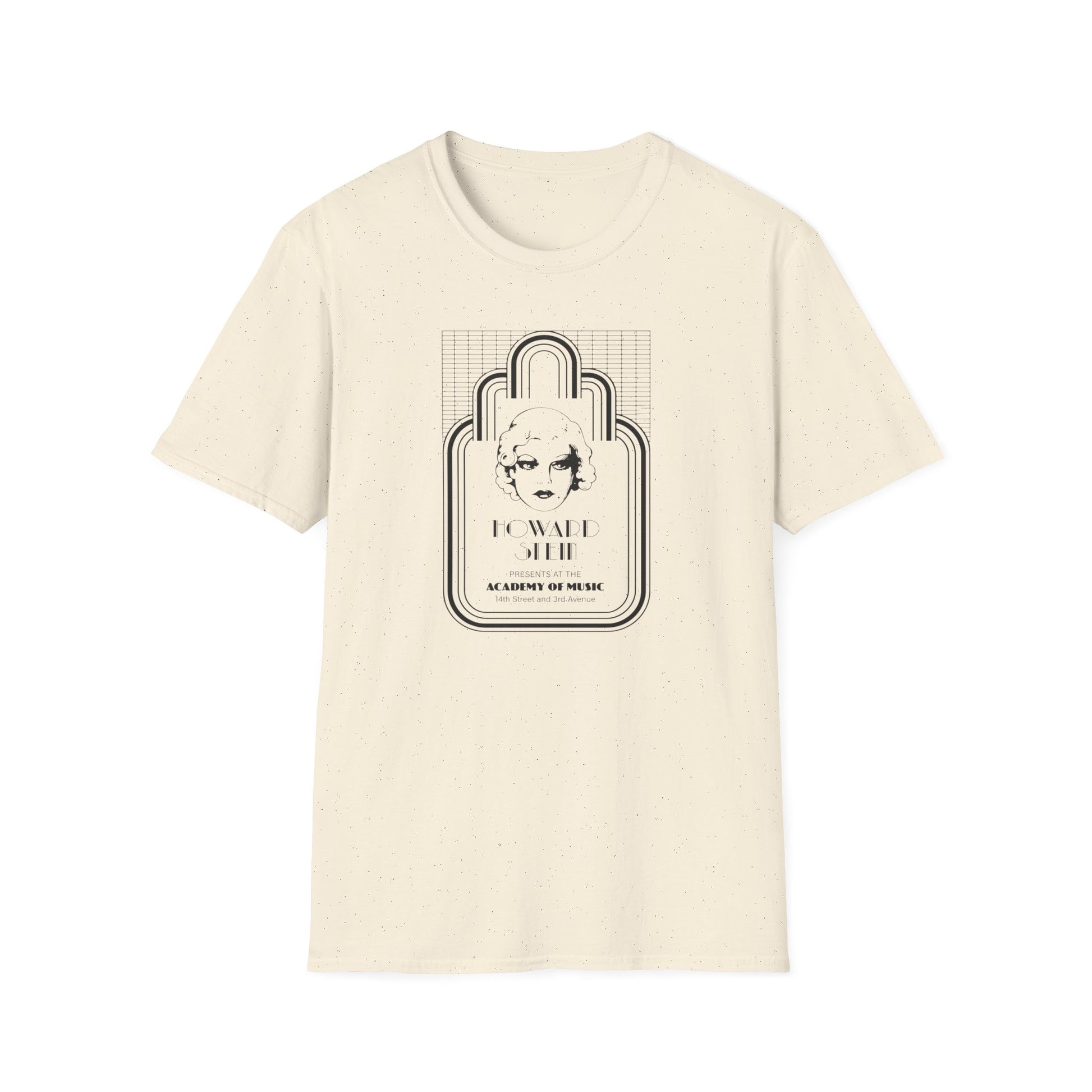 Cream t-shirt with a black graphic of a woman's face and text for Howard Stein.