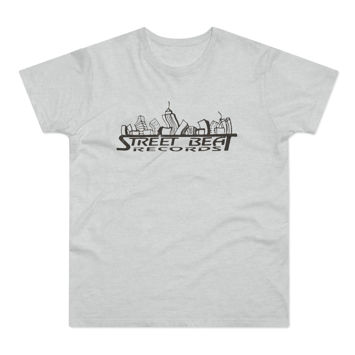 Light gray t-shirt with black line art of a cityscape and text "STREET BEAT RECORDS".