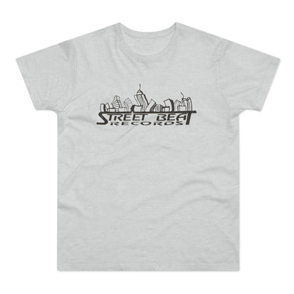 Light gray t-shirt with black line art of a cityscape and text "STREET BEAT RECORDS".