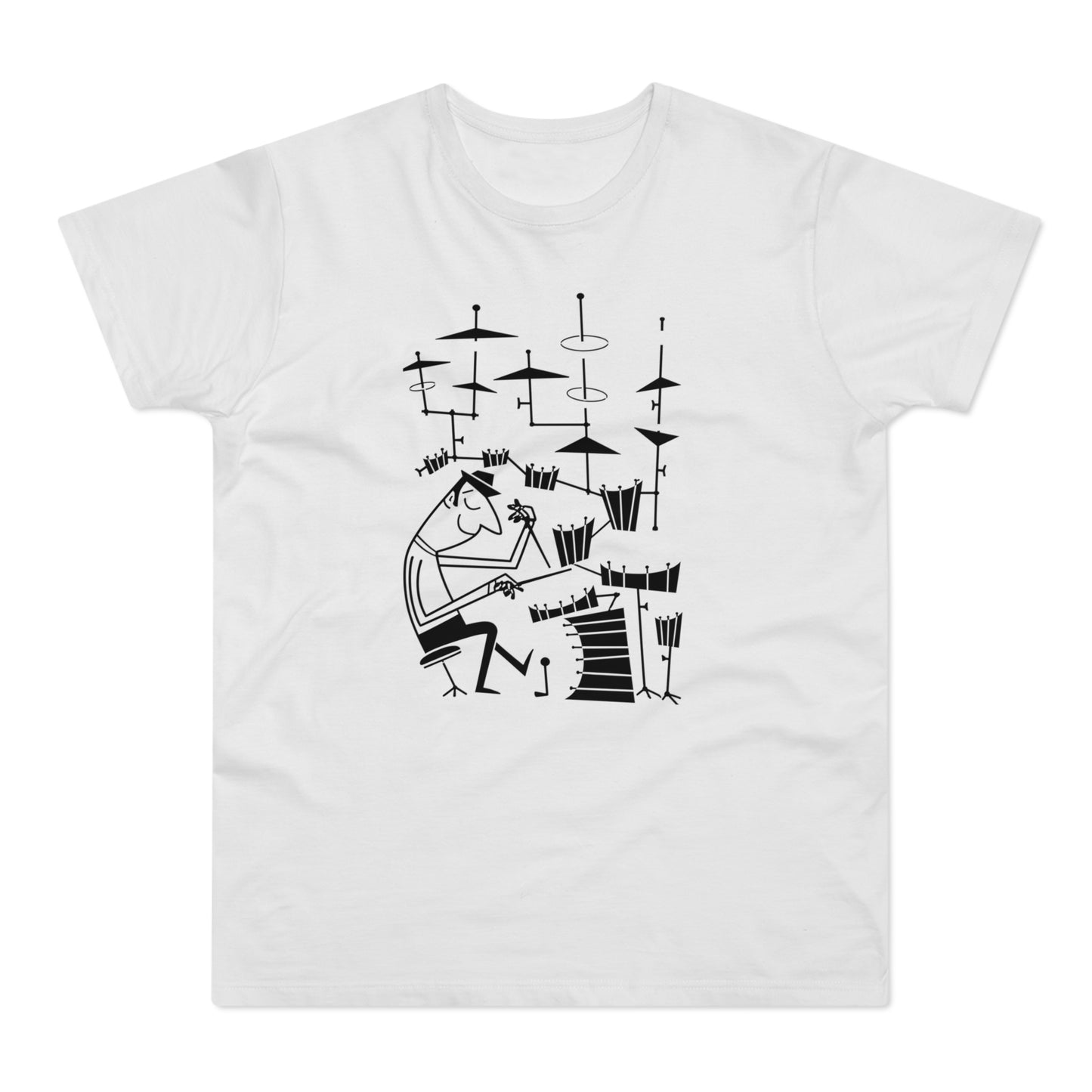 Black line art of a drummer playing a drum set on a white t-shirt.