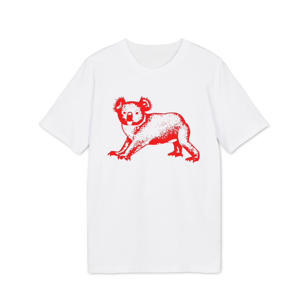 A white short-sleeved t-shirt featuring a stylized red graphic of a koala on the front chest.