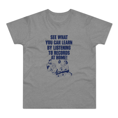 Grey t-shirt with blue text and illustration of a couple listening to records.