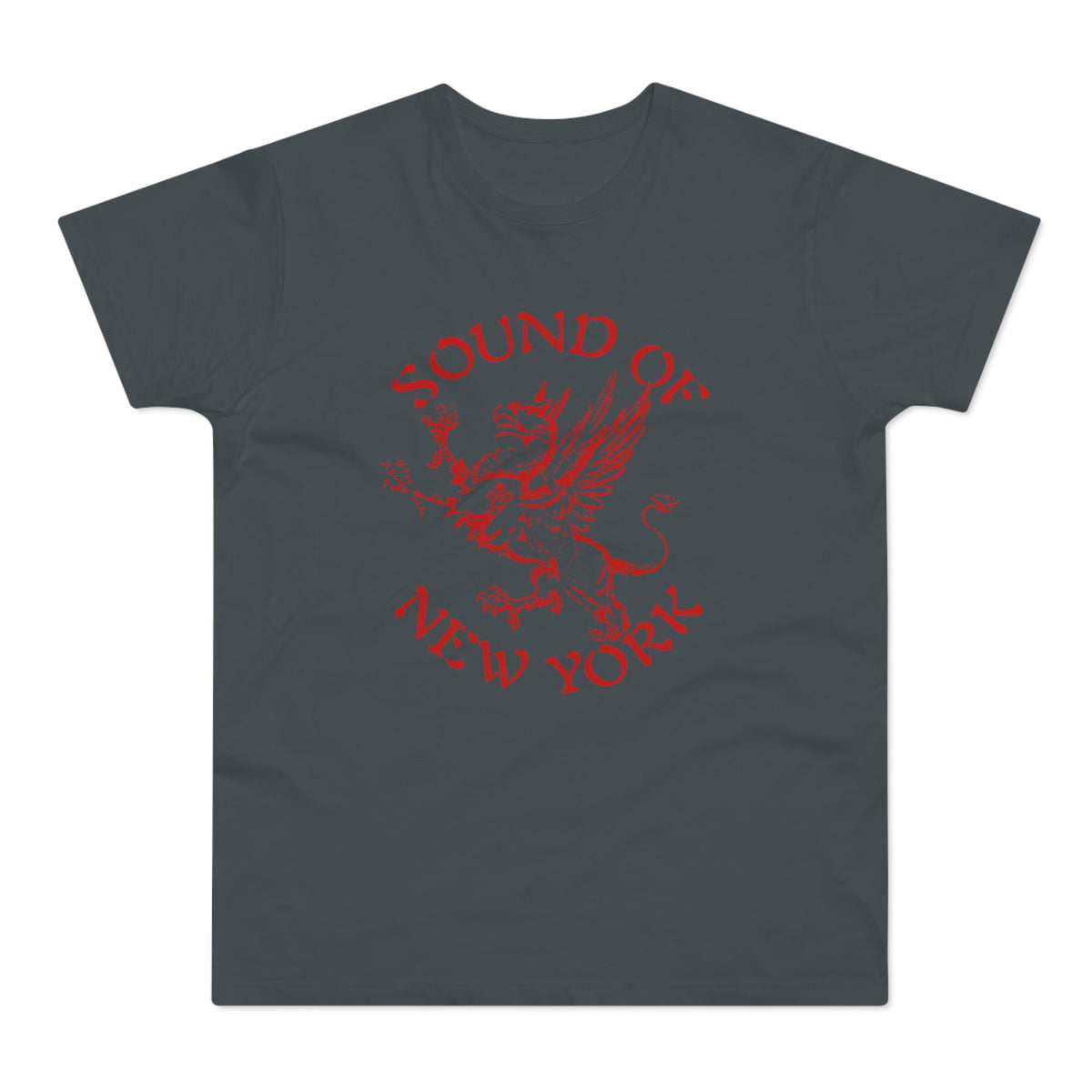 Dark gray t-shirt with red "SOUND OF NEW YORK" text and a griffin graphic.