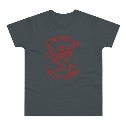 Dark gray t-shirt with red "SOUND OF NEW YORK" text and a griffin graphic.