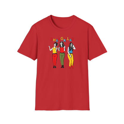 Red t-shirt with colorful "Shangri-Las" text and illustration of three women.