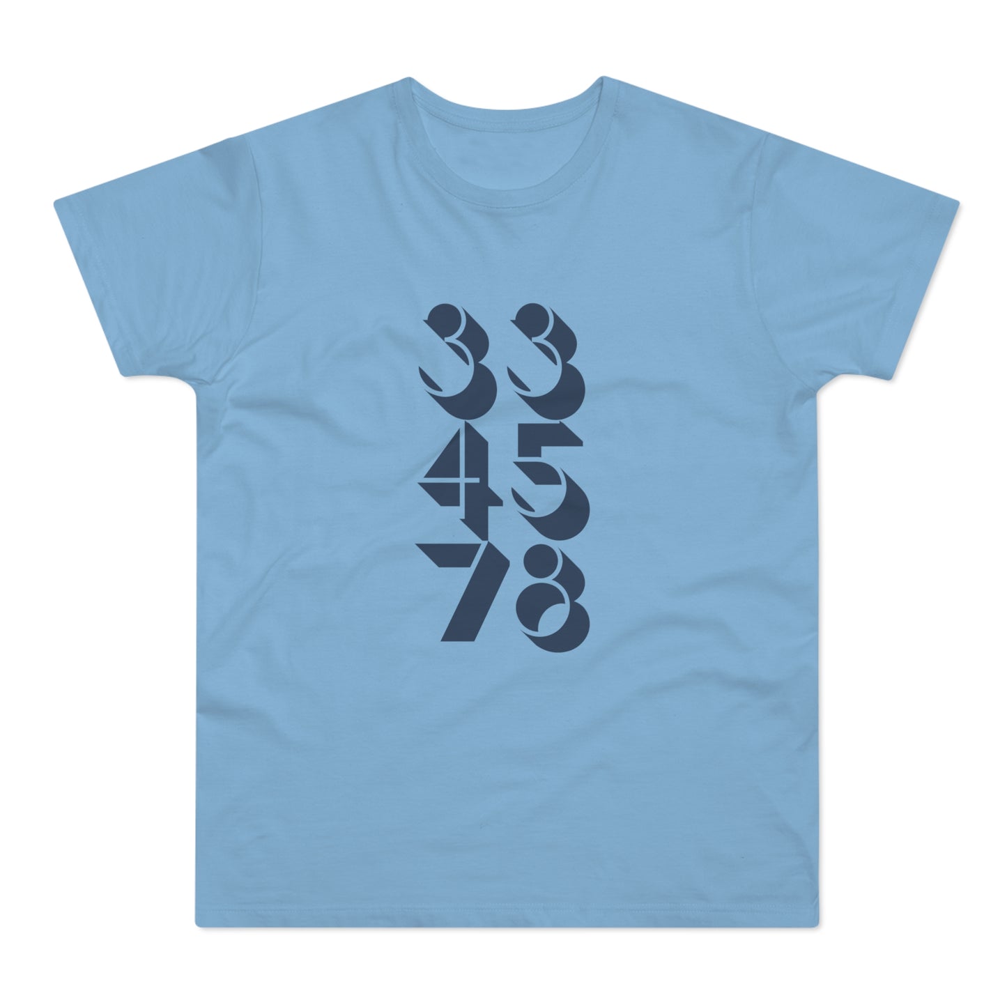 Light blue t-shirt with stacked dark blue abstract numbers 33, 45, and 78.