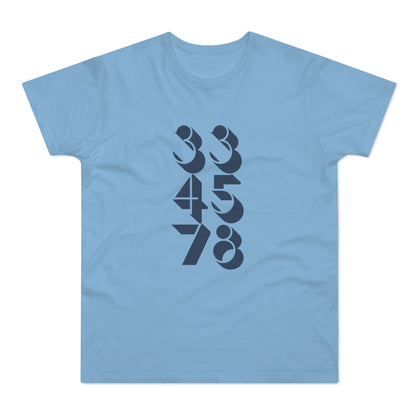 Light blue t-shirt with stacked dark blue abstract numbers 33, 45, and 78.