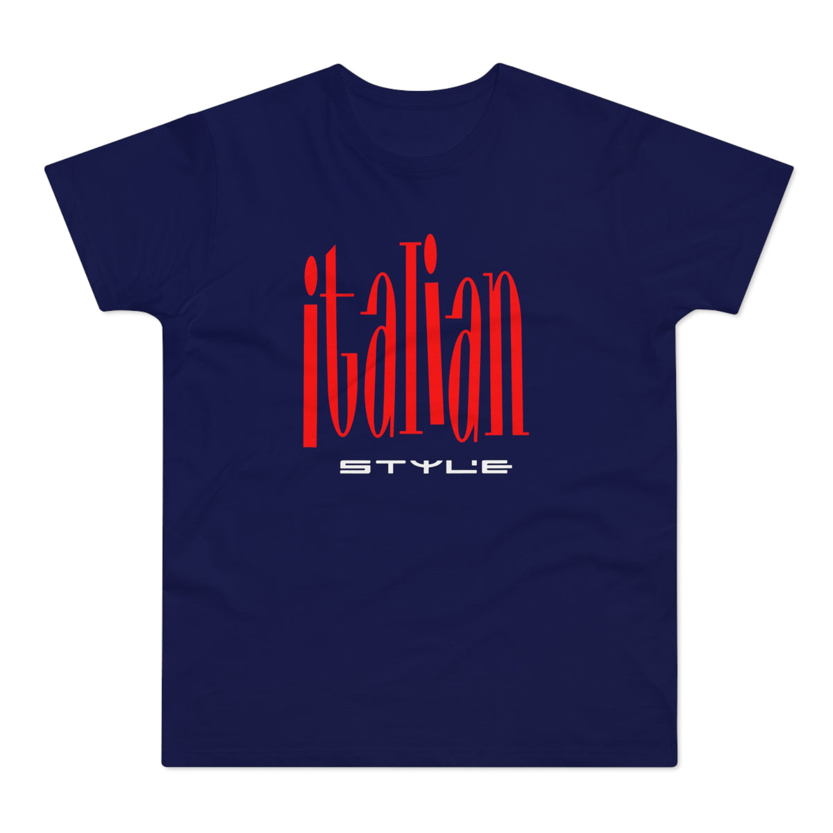 Navy t-shirt with red "Italian STYLE" graphic text.