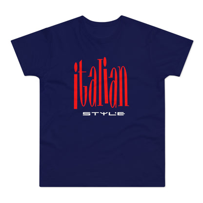 Navy t-shirt with red "Italian STYLE" graphic text.