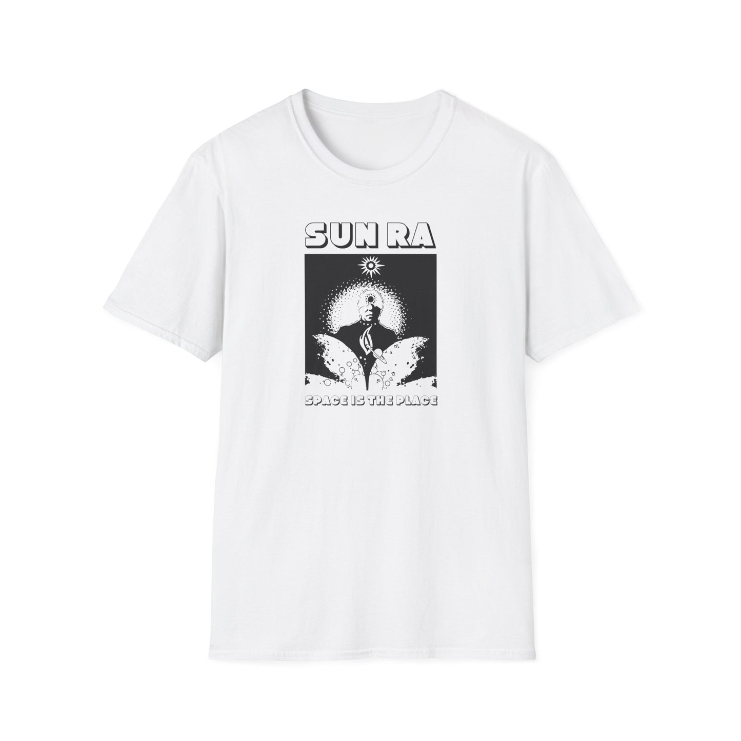 White t-shirt with Sun Ra "Space Is The Place" graphic on the front.
