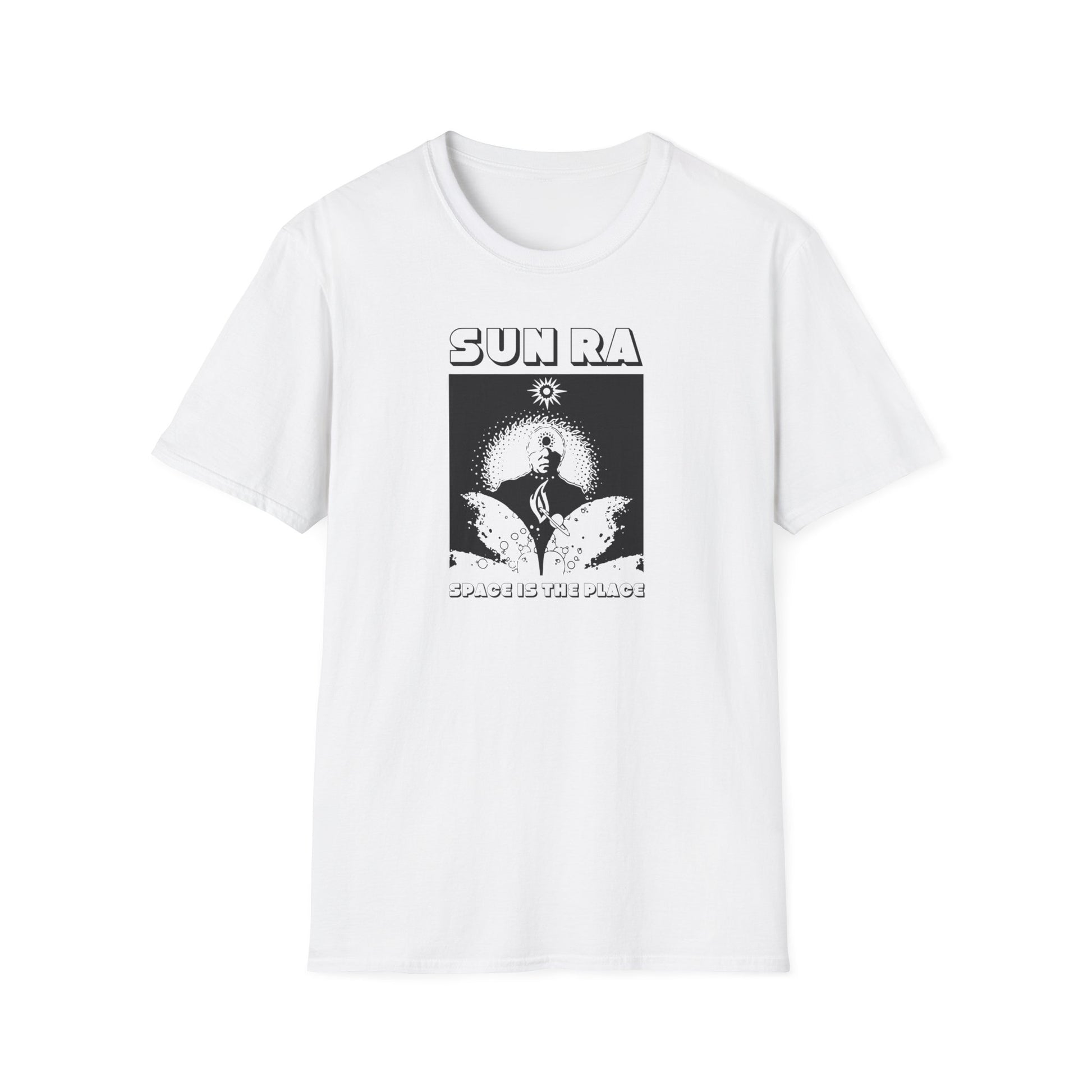 White t-shirt with Sun Ra "Space Is The Place" graphic on the front.