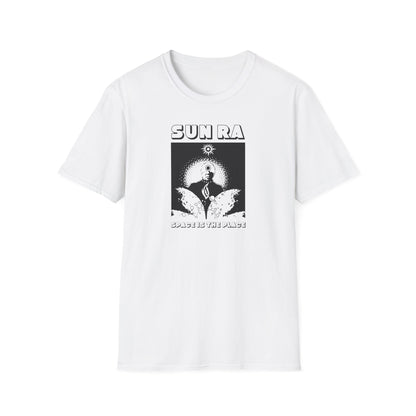 White t-shirt with Sun Ra "Space Is The Place" graphic on the front.
