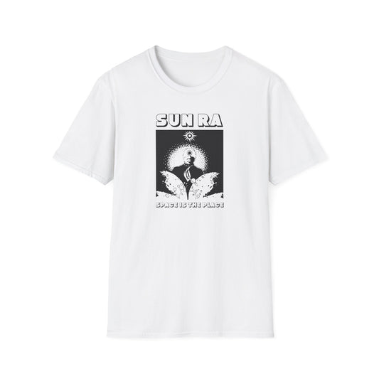 White t-shirt with Sun Ra "Space Is The Place" graphic on the front.