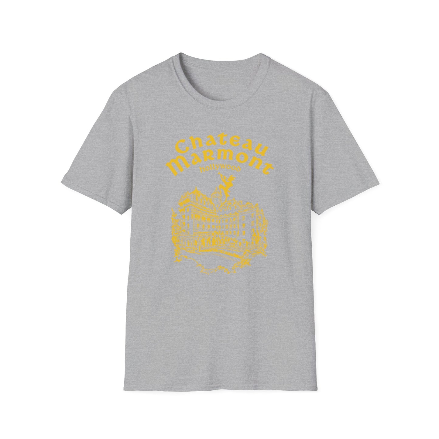 Grey t-shirt with yellow Chateau Marmont Hollywood graphic.