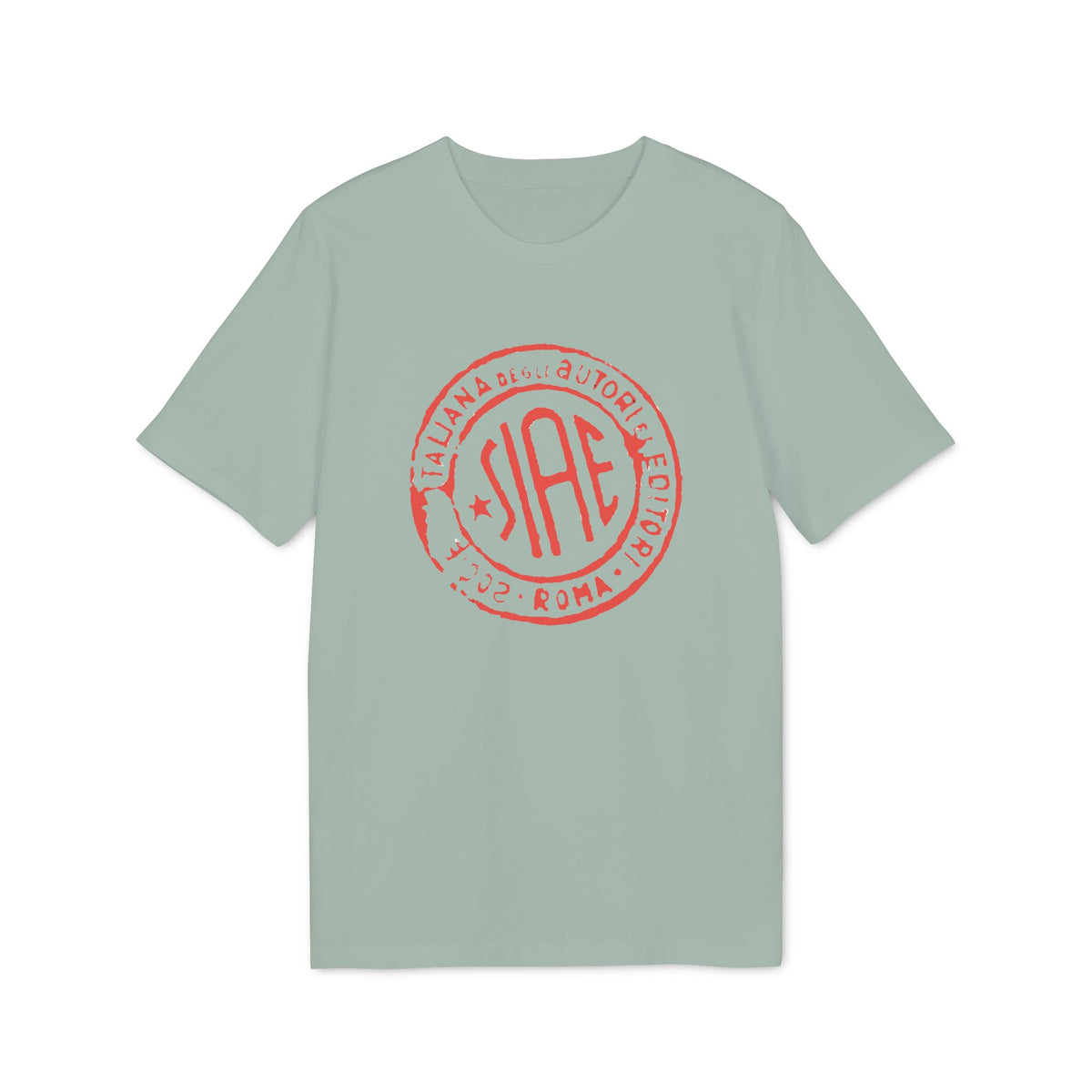 A sage green short-sleeved t-shirt features a red circular SIAE logo printed centrally on the chest.