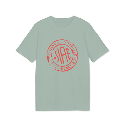 A sage green short-sleeved t-shirt features a red circular SIAE logo printed centrally on the chest.