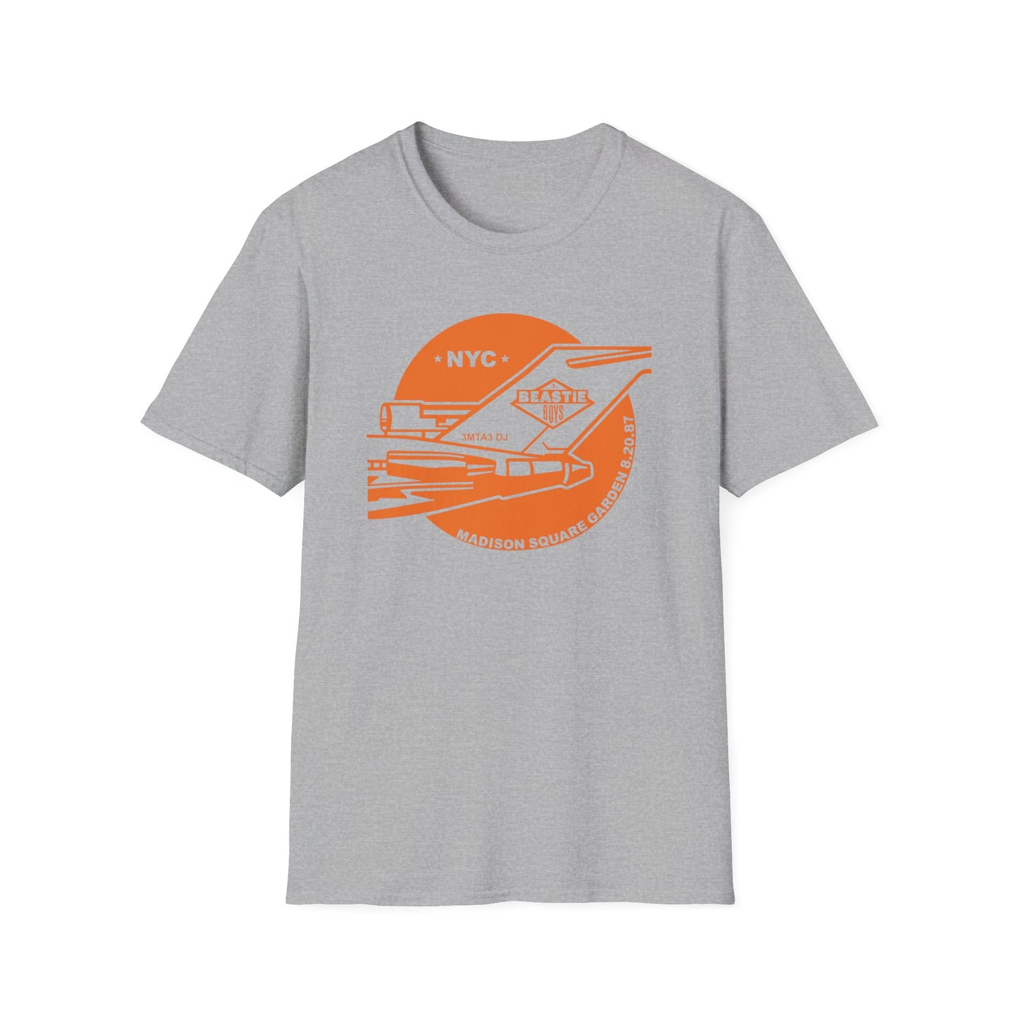 Grey t-shirt with orange graphic:  NYC, Madison Square Garden 8.20.87.