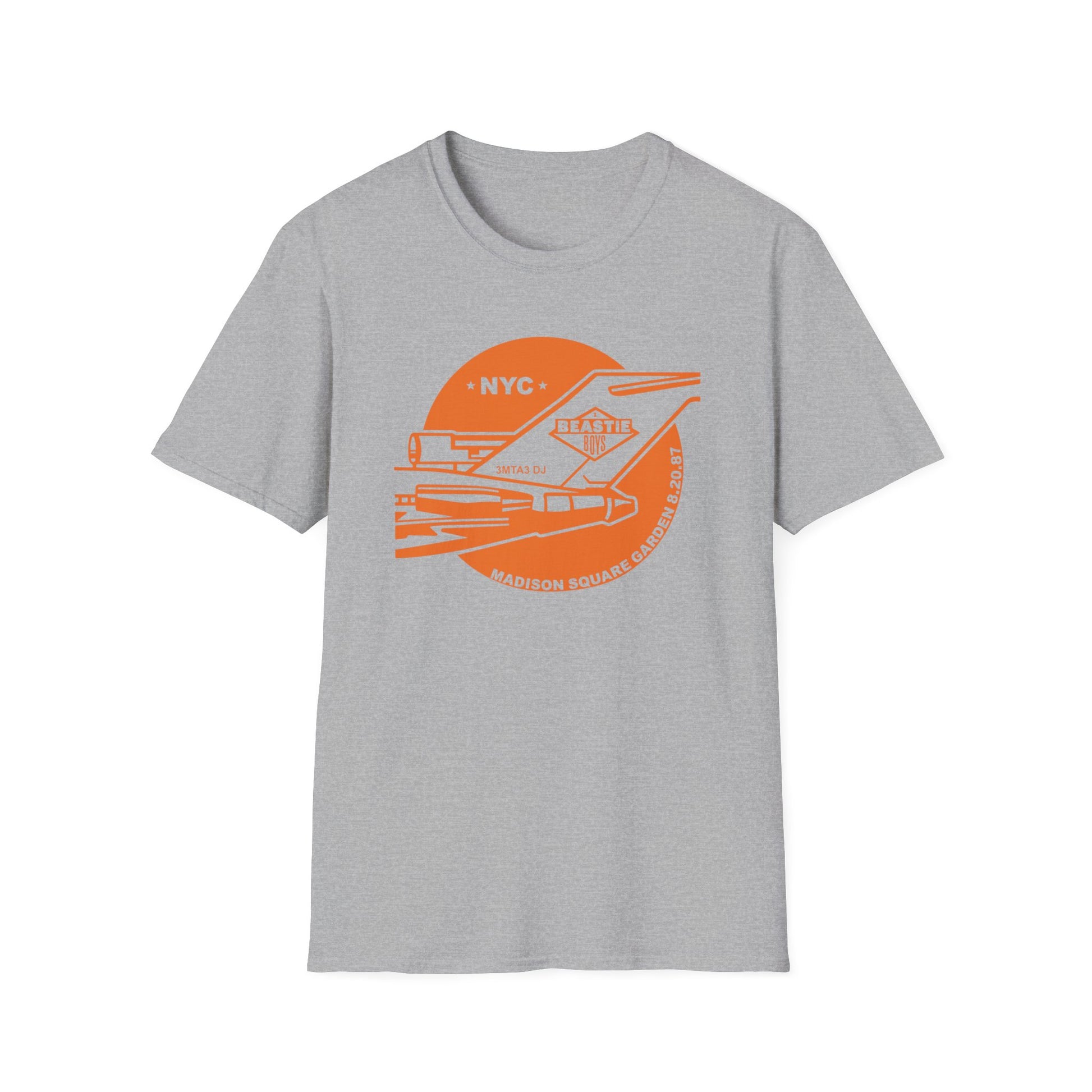 Grey t-shirt with orange graphic:  NYC, Madison Square Garden 8.20.87.