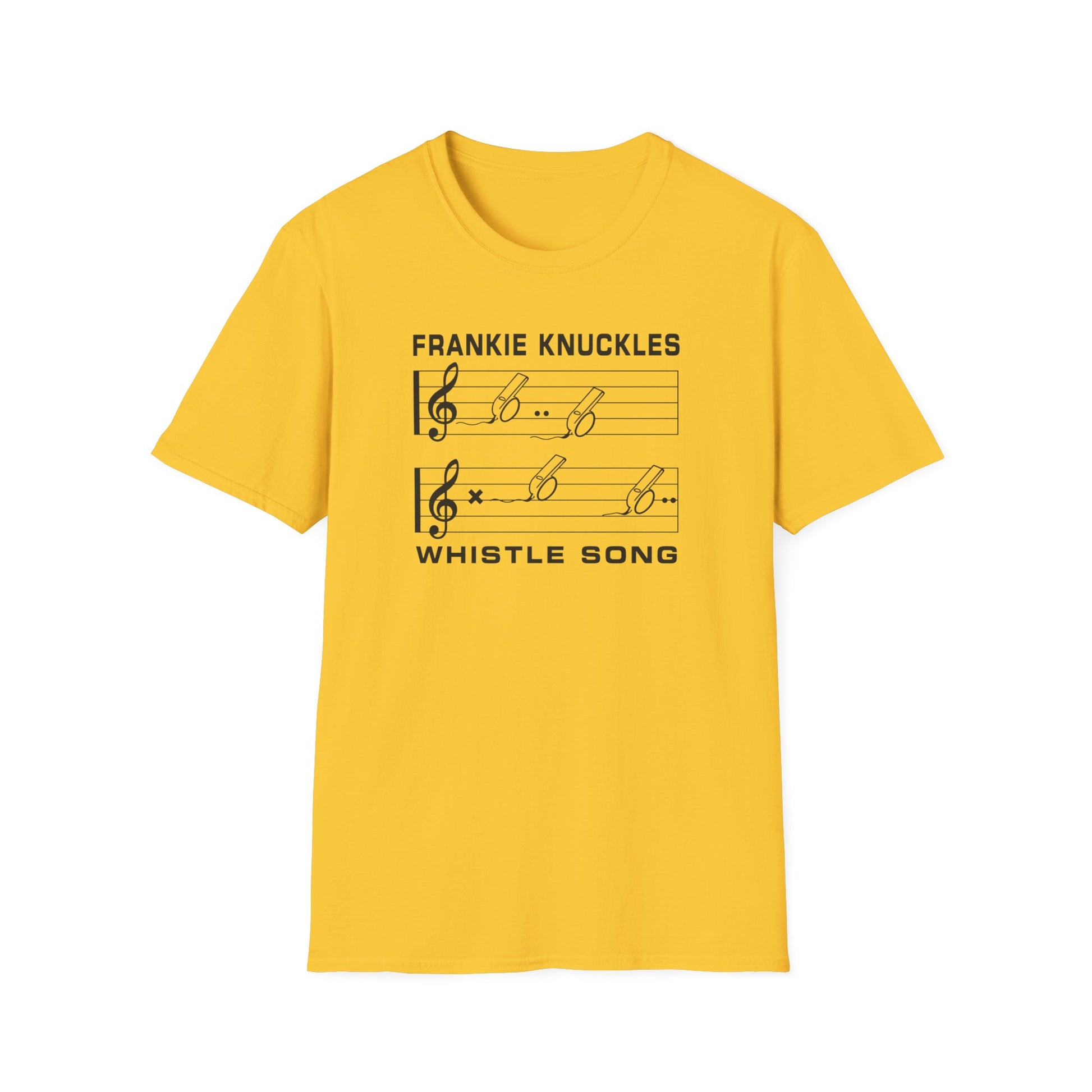 Whistle Song graphic on yellow t-shirt.