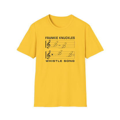 Whistle Song graphic on yellow t-shirt.
