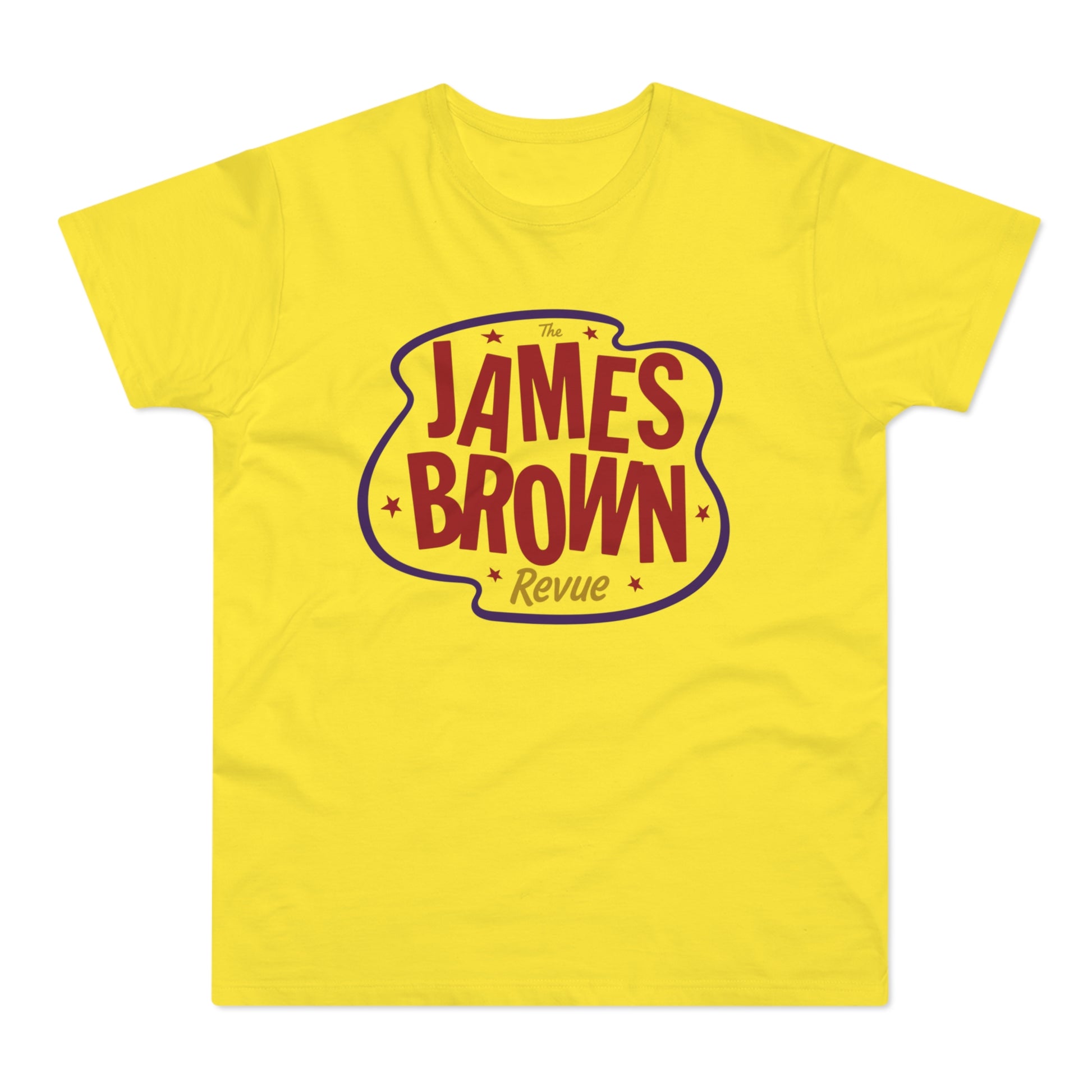 Yellow t-shirt with "The James Brown Revue" graphic in red and blue.