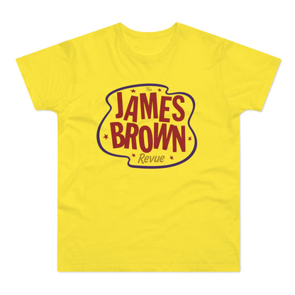 Yellow t-shirt with "The James Brown Revue" graphic in red and blue.