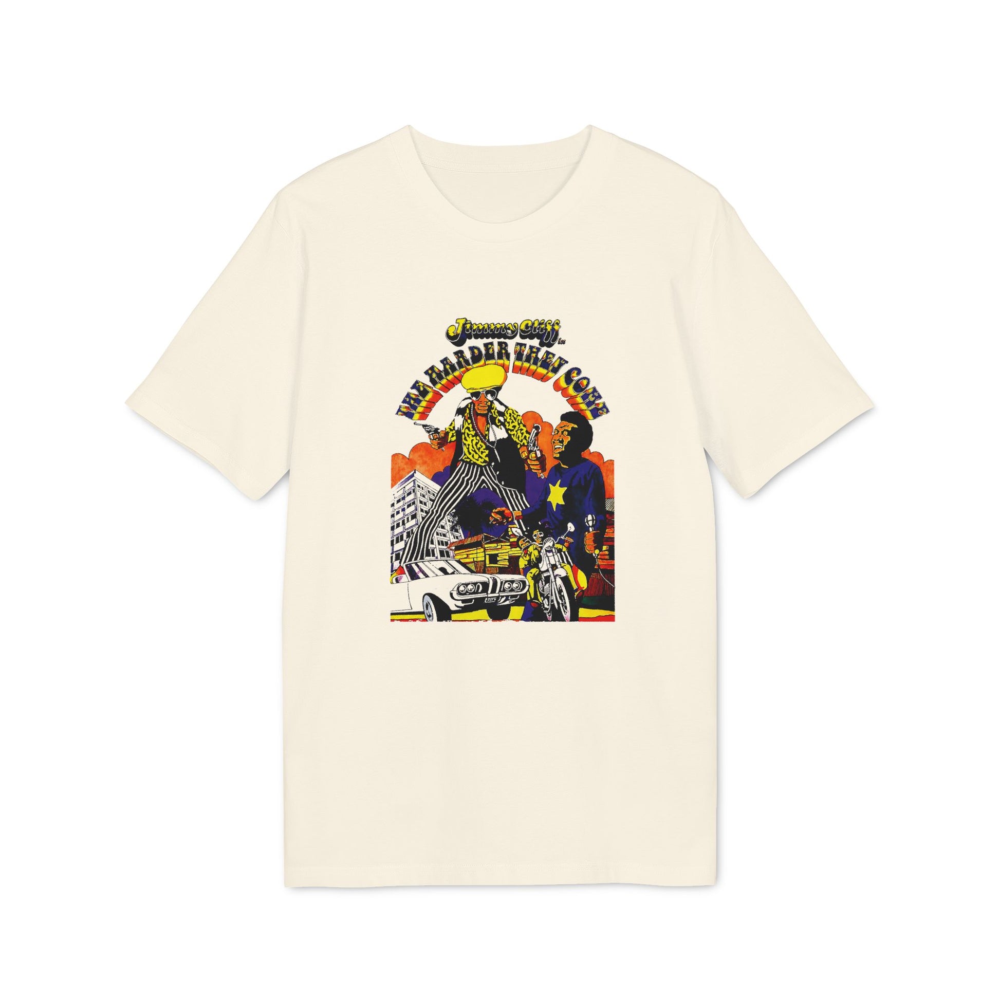 Jimmy Cliff The Harder They Come graphic with figures, car, and motorcycle.