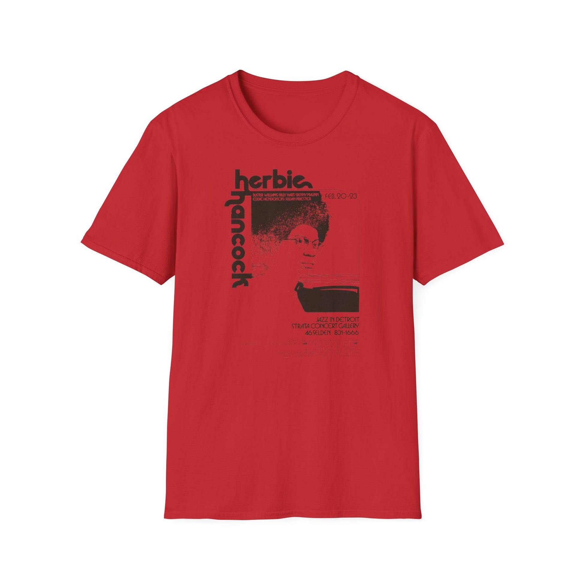 Red t-shirt with black Herbie Hancock graphic and concert details.