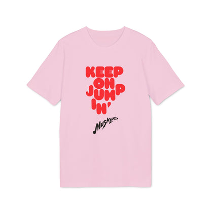 Light pink short-sleeve t-shirt with red block lettering that reads KEEP ON JUMPIN and black script text below.