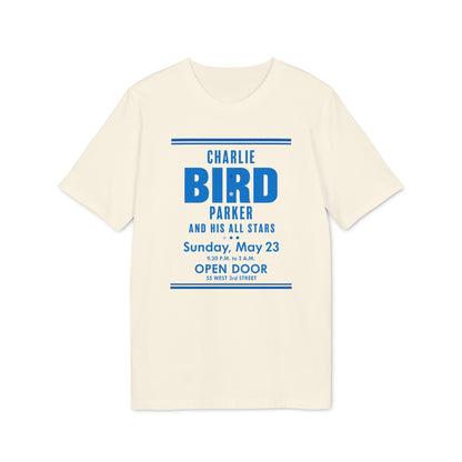 Cream t-shirt with blue text: Charlie Bird Parker, Sunday May 23, Open Door, 55 West 3rd Street.